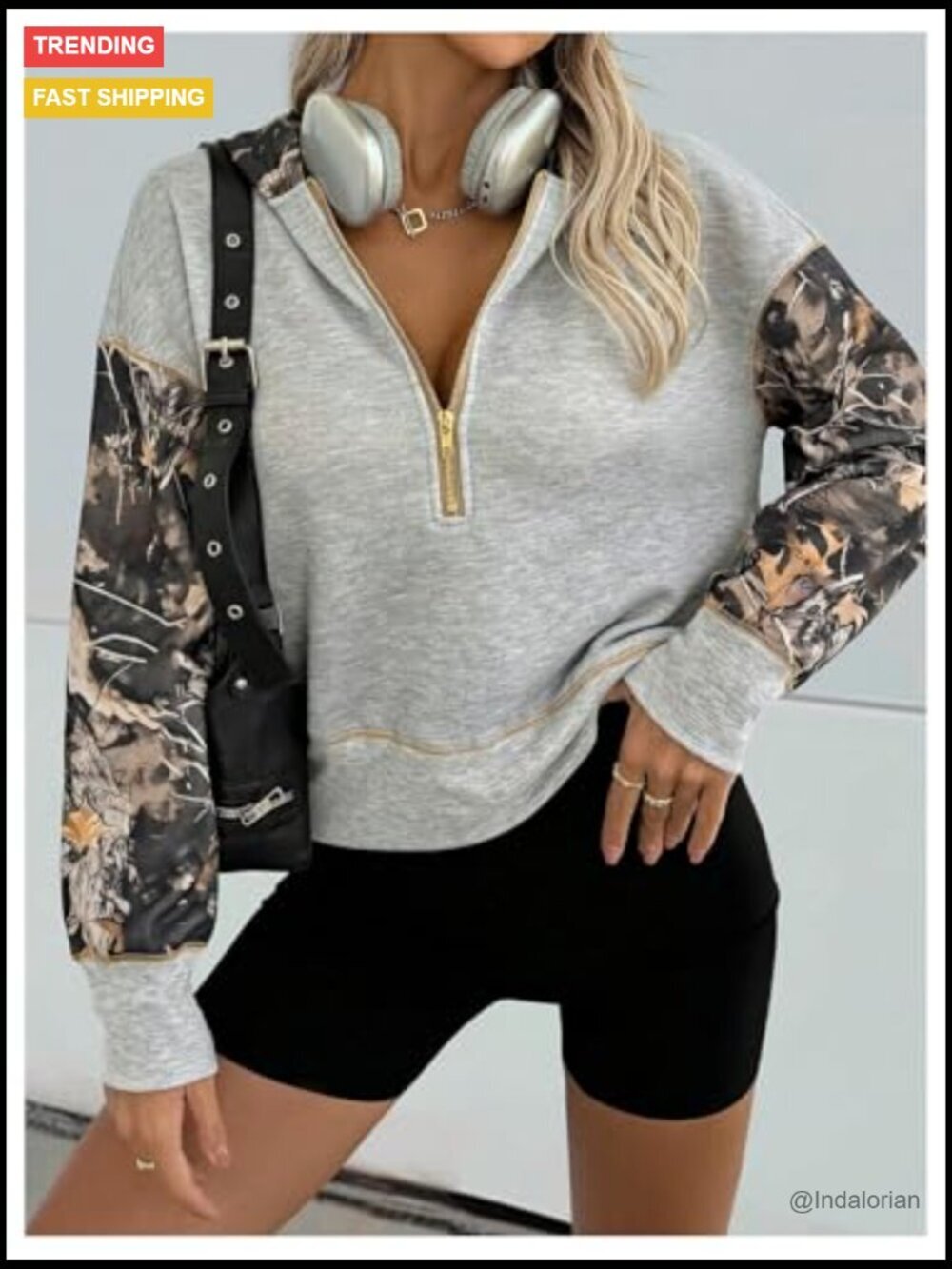 Half Zip Hooded Sweatshirt Drop Shoulder Colorblock Long Sleeve Pullover - Picture 2 of 5